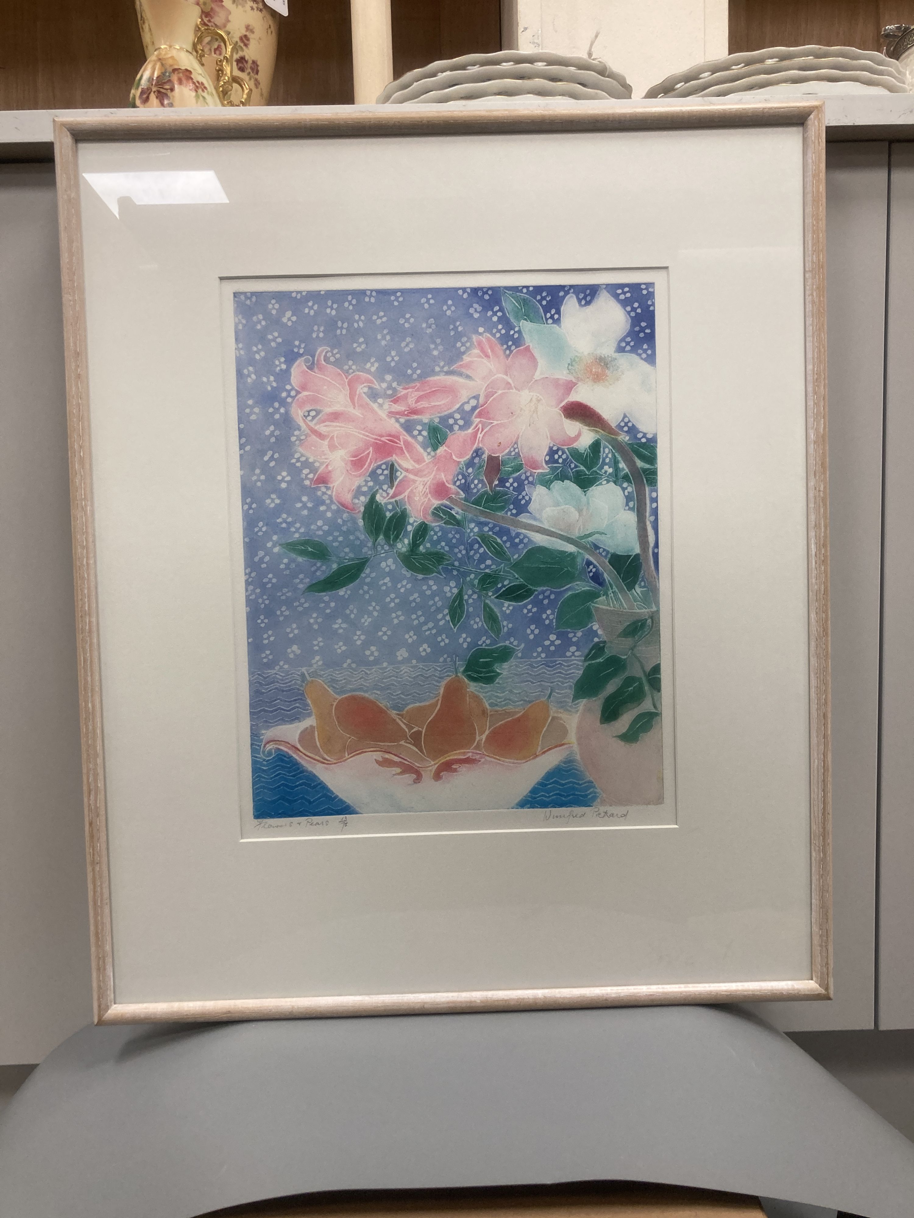 Winifred Pickard (1908-1996), limited edition print, Flowers and Pears, signed in pencil, 13/75, 40 x 32cm